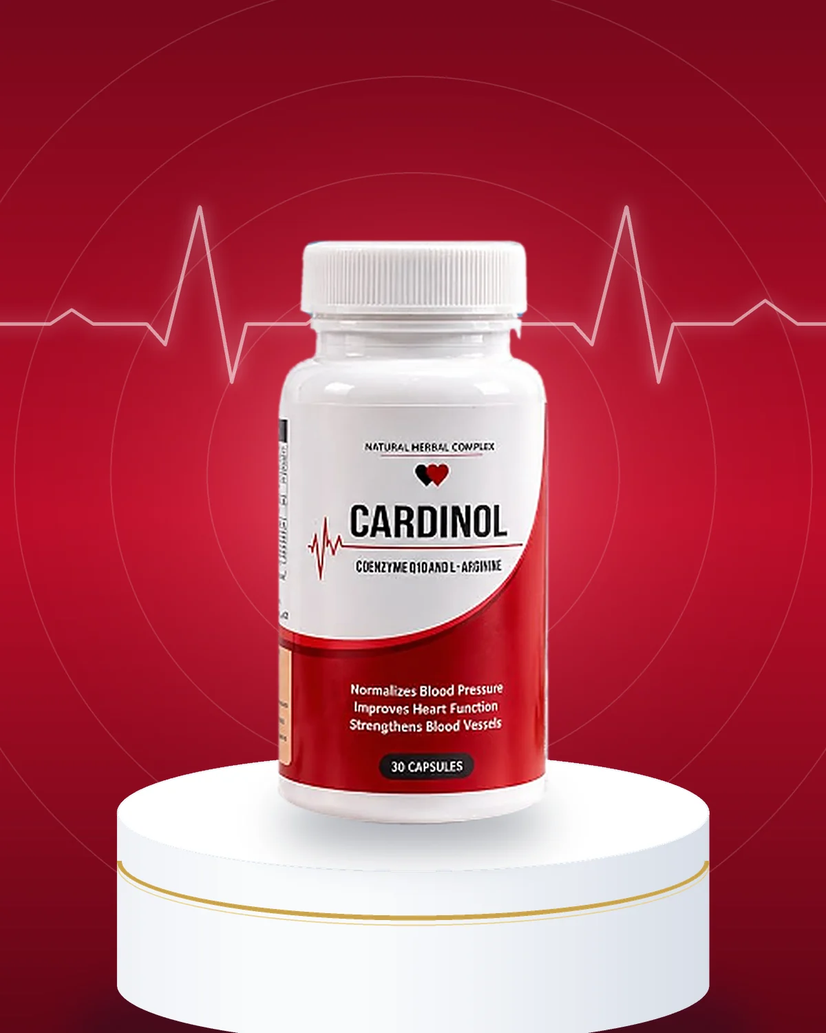 Cardinol capsules bottle on a white podium with a heartbeat line glowing behind it