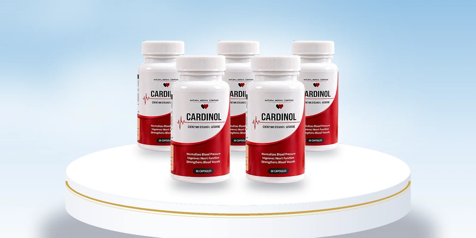 Five bottles of Cardinol capsules on a white podium