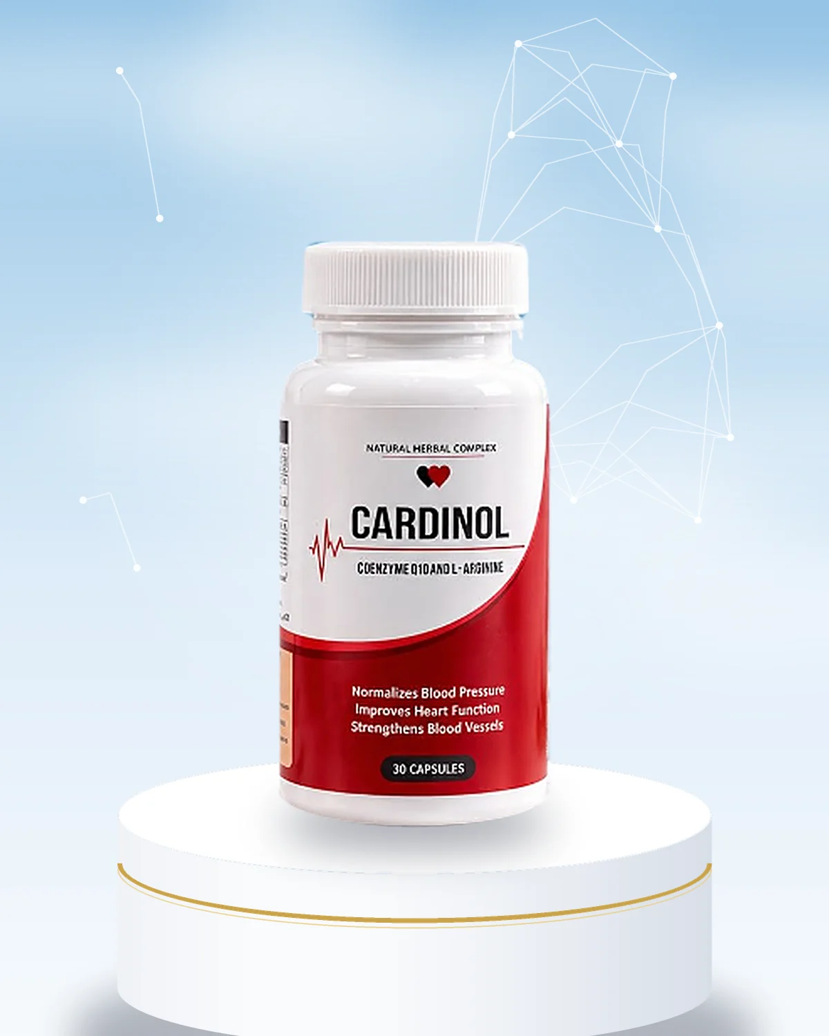 Cardinol bottle on a white podium against a soft sky-blue background